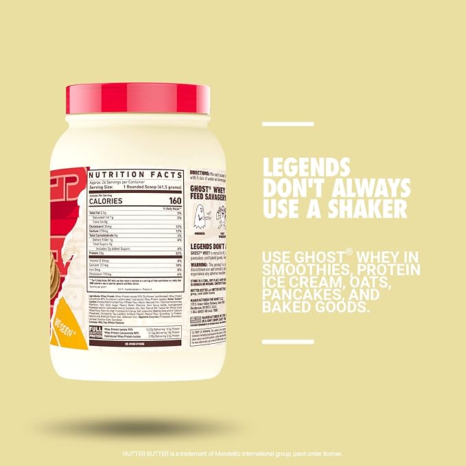 GHOST Whey Protein Powder, Nutter Butter - 2.4LB Tub, 26G of Protein - Peanut Butter Cookie Flavored Isolate, Concentrate & Hydrolyzed Whey Protein Blend