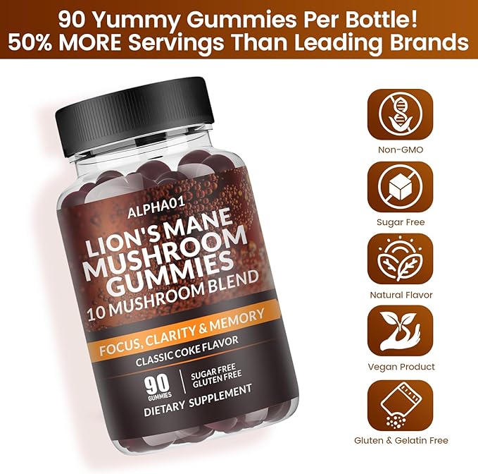 Mushroom Gummies - 10x Mushroom Supplement with Ashwagandha and Lions Mane - Nootropic Brain Supplement, Immune Support & Stress Relief (90 CT) Classic Coke