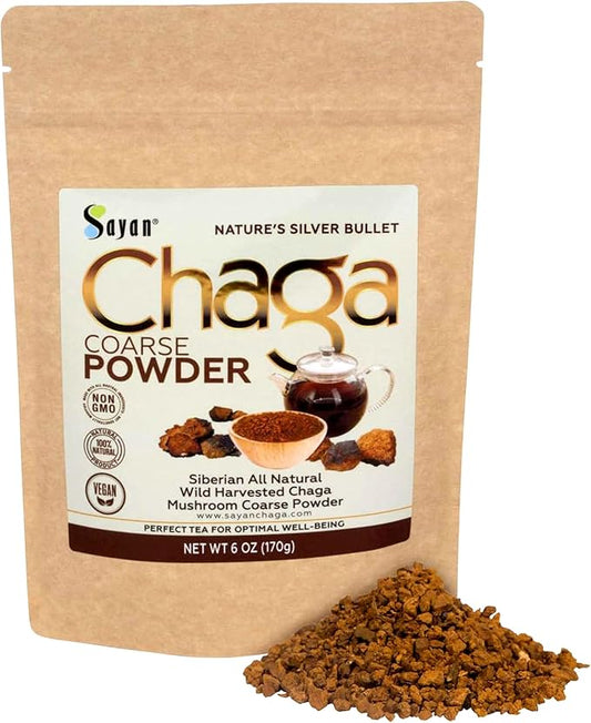 Sayan Siberian Pure Raw Coarse Chaga Powder 6 Oz / 170g – Premium Wild Forest Harvested Super Antioxidant Tea – Supports Immune System and Digestive Health – Focus, Energy, Clarity, Wellness - Non-GMO
