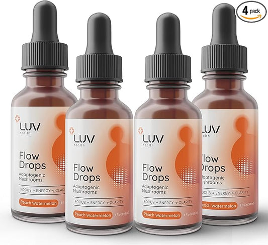 LUV Flow Drops®: Adaptogen Mushroom Blend for Mental Clarity & Energy, Vegan Keto, Focus & Immunity Support, Lion's Mane, Cordyceps, Reishi, USA Made, Non-GMO, 4-Pack 120 Servings