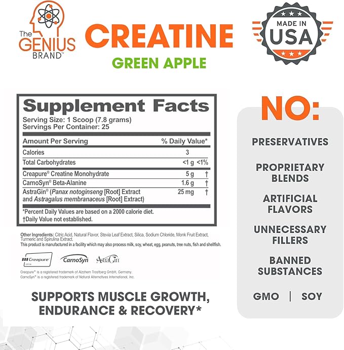 Genius Micronized Creatine Monohydrate Powder, Post Workout Supplement, Green Apple - 100% Naturally Flavored & Sweetened - Supports Muscle Building, Cellular Energy & Cognitive Function – 195g