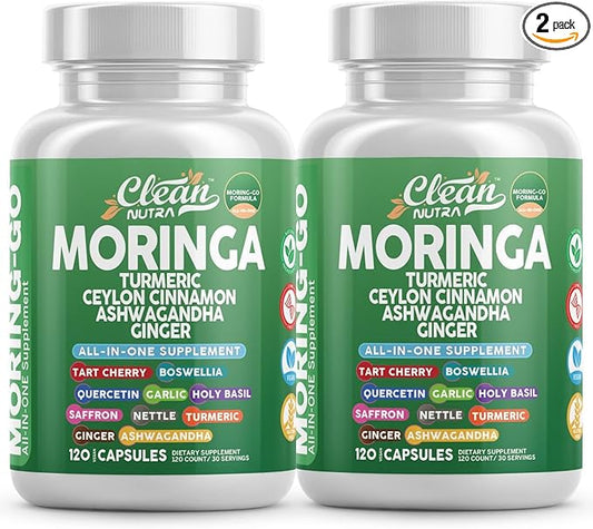 Moringa Powder Capsules + Turmeric Moringa Leaf Ceylon Cinnamon Ashwagandha Ginger Tart Cherry Boswellia Quercetin Garlic Holy Basil Saffron Nettle Black Pepper Moring-Go Supplement By Clean Nutra (2)