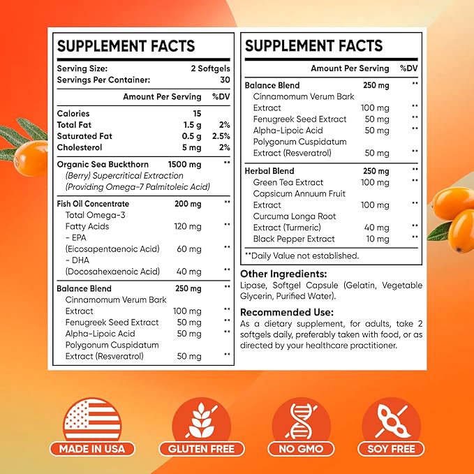 Omega-7 Sea Buckthorn Oil - with Omega-3 EPA/DHA Fish Oil, Cinnamomum, Fenugreek, ALA, Green Tea, Cayenne Pepper, Turmeric, Resveratrol, Black Pepper - Gluten-Free, 2Pack