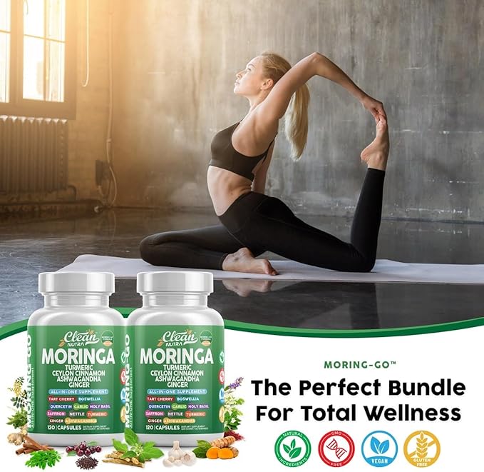 Moringa Powder Capsules + Turmeric Moringa Leaf Ceylon Cinnamon Ashwagandha Ginger Tart Cherry Boswellia Quercetin Garlic Holy Basil Saffron Nettle Black Pepper Moring-Go Supplement By Clean Nutra (2)