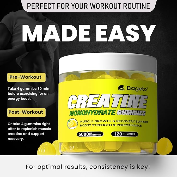 Creatine Monohydrate Gummies 5g for Men Women,Sugar Free Chewables Creatine Pre-Workout for Muscle Strength, Lemon Flavor, 120 Count