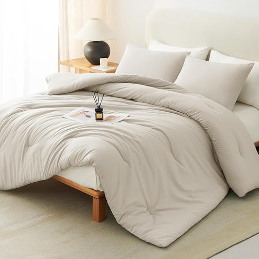 CozyLux Beige Comforter Set King Size, 3 Pieces Boho Solid Breathable Quilted Style Bedding Sets, Luxury Fluffy Soft Microfiber Comforter for All Season(1 Comforter & 2 Pillowcases)