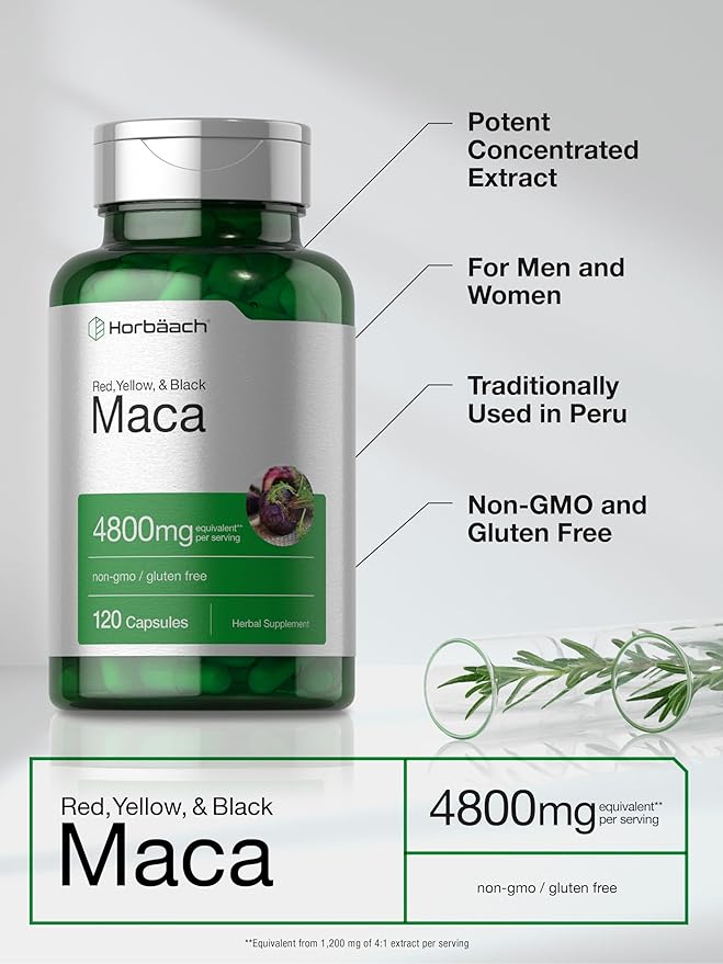 Horbäach Maca Root Capsules for Men and Women | 120 Pills | High Potency Extract | Non-GMO and Gluten Free Formula