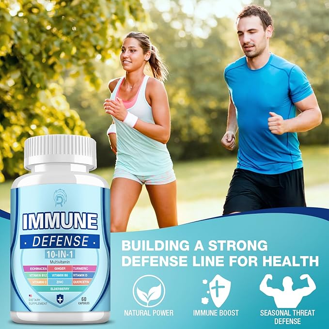 Immune Support Supplement, 10-in-1 Immune Defence with Vitamin C,B6,B12,VIT D, Zinc, Echinacea Turmeric Elderberry Immune Boosters for Adult - 120 Capsules(2 Pack)