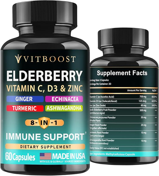 Elderberry Immune Support Supplement 8-in-1 Formula with Echinacea, Vitamin C & Zinc, Vitamin D 5000 IU, Turmeric, Ginger, Ashwagandha – 60 Capsules