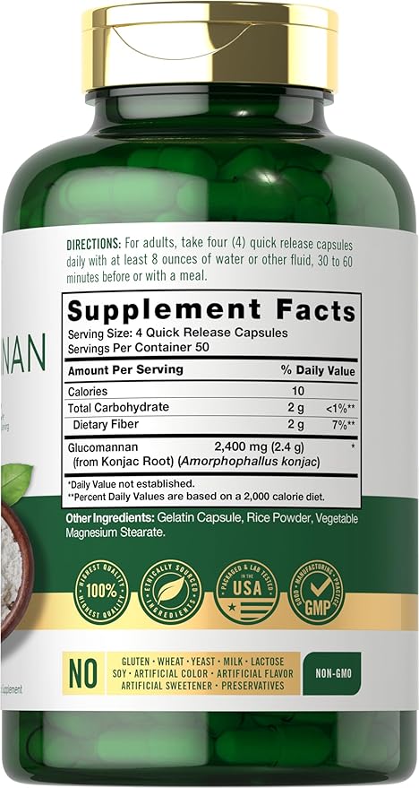 Carlyle Glucomannan Capsules | 200 Count | Soluble Fiber Pills | Non-GMO, Gluten Free Supplement