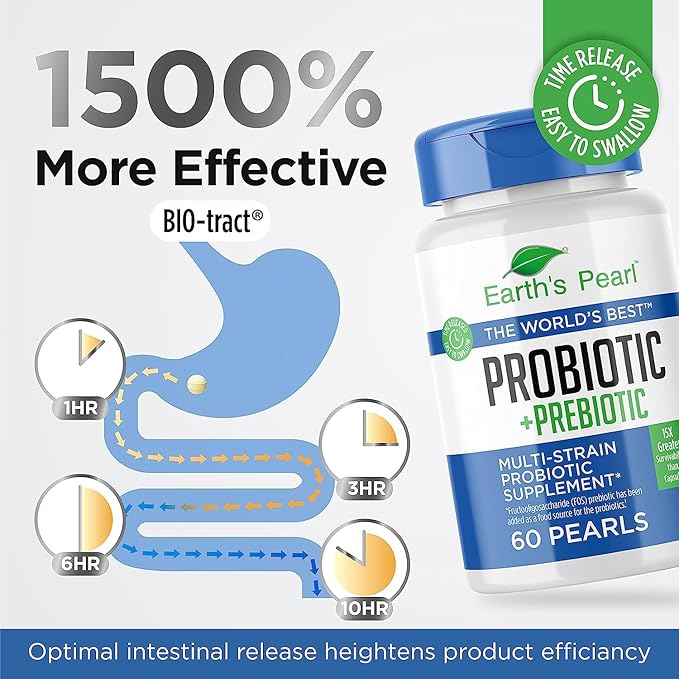 Earth's Pearl Probiotics for Women & Men & Kids - Pearl-Shaped Probiotic & Prebiotics with BIO-Tract®, 4 Billion CFU, Gut Health Support (60-Day Supply)