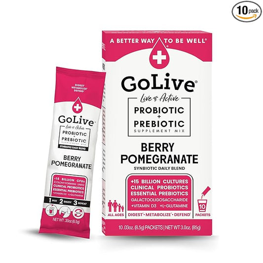 GoLive Prebiotic and Probiotic for Women, Men, Kids. Berry Pomegranate Synbiotic Powder w/ L-Glutamine, Vitamin D3, Electrolytes. For Gut Health, Digestion, Metabolism, Immunity 15-50B CFUs.
