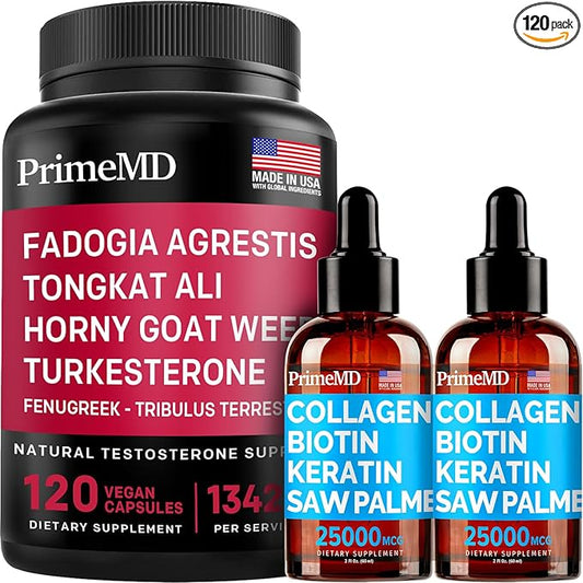 Liquid Collagen Biotin (2pk) and Fadogia Tongkat Ali (1pk) Supplement Bundle - Potent Vitamins for Hair, Skin, Nails, Heart, Energy, & Testosterone Support - Non-GMO, Vegan