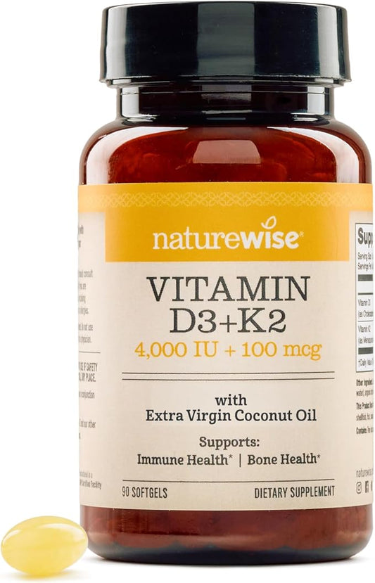 NatureWise Vitamin D3 4000IU + K2 (MK7) 100mcg with Organic Extra Virgin Coconut Oil - Supports Calcium Absorption, Bone & Immune Health - Non-GMO, Soy & Gluten-Free - 90 Softgels[3-Month Supply]