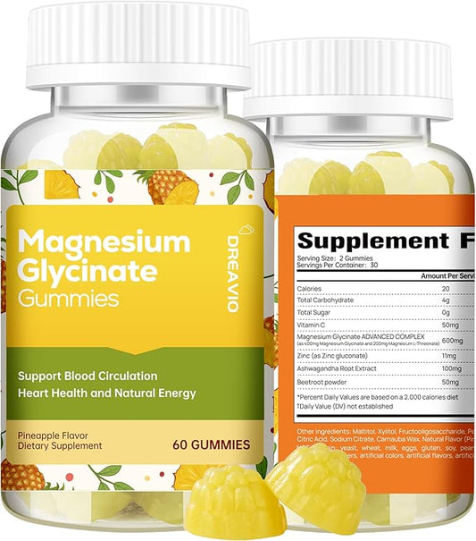 60 Count Magnesium Glycinate Gummies 400mg w/Ashwagandha Supplement - Sugar Free Zinc Magnesium Glycinate Supplement Ashwagandha Gummies for Adults Pineapple Gummies