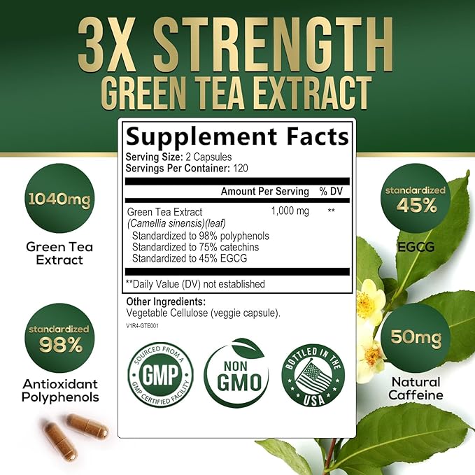 Green Tea Extract Supplement Pills 1000mg - 98% Standardized EGCG with Polyphenols - 3X Strength for Natural Energy - Supports Heart and Antioxidant Health - Nature's Gentle Caffeine - 240 Capsules