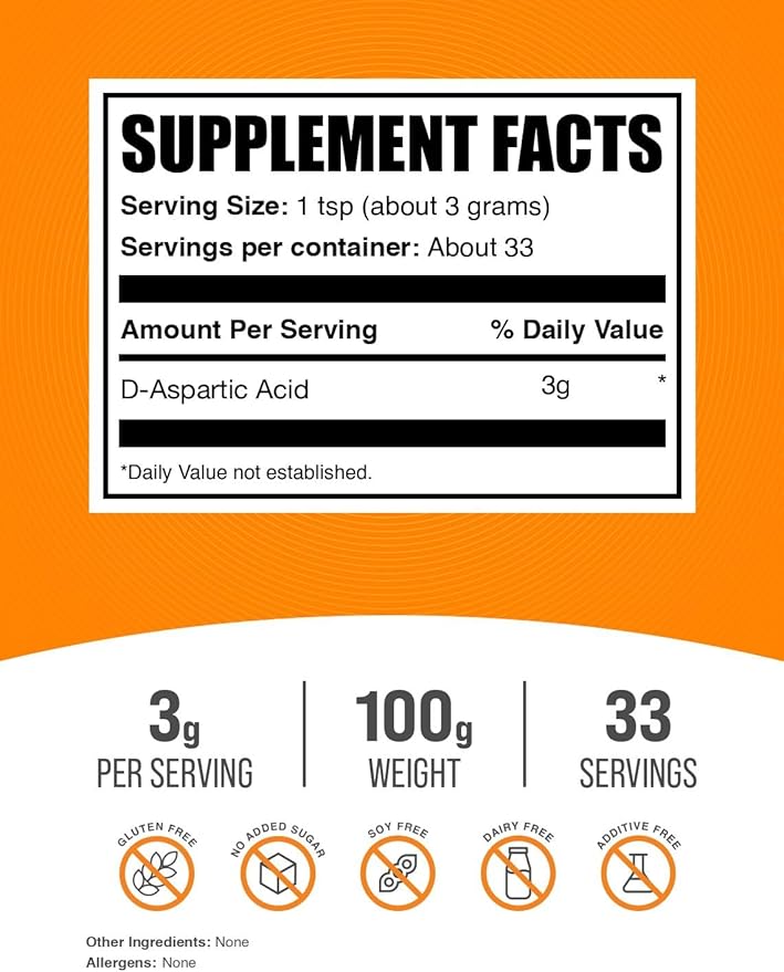 BulkSupplements.com D-Aspartic Acid Powder - D-Aspartic Acid Supplement for Men, Unflavored Amino Acid - Pure & Gluten Free, 3g per Serving, 100g (3.5 oz) (Pack of 1)