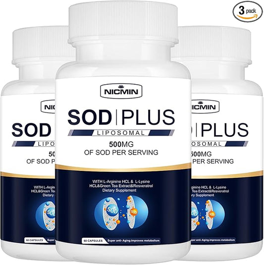 Superoxide Dismutase Supplement 500mg - SOD Plus with Liposomal Glutathione, AKG, Green Tea Extract, L-Arginine, Lysine, Resveratrol and Vitamin E for Immune Support, Antioxidant 180 Capsules