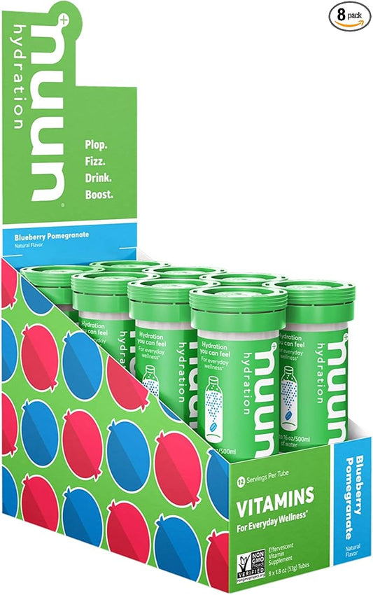 Nuun Vitamins Electrolyte Tablets with Vitamin D, C, E, A, & B6, Folic Acid, Magnesium & 4 Other Essential Electrolytes, Gluten Free & Vegan, Blueberry Pomegranate, 8 Pack (96 Servings Total)