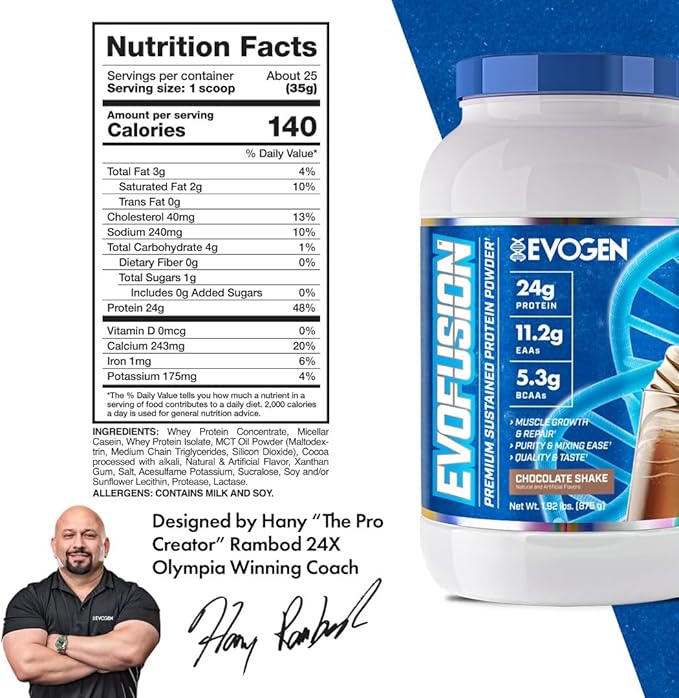 Evogen Evofusion - Sustained Protein Powder | Supports Muscle Growth & Repair | Whey Protein, Micellar Casein, MCT Oil | Chocolate Shake | 25 Servings