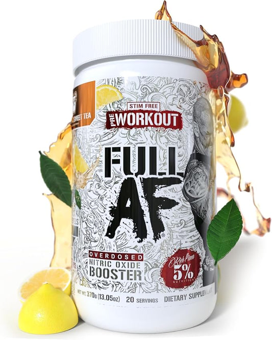 5% Nutrition FullAF Pre-Workout | Stim-Free with Massive Pumps | L-Citrulline, L-Taurine, Nitrosigine, GlycerSize | 13.05 oz (Southern Sweet Tea)