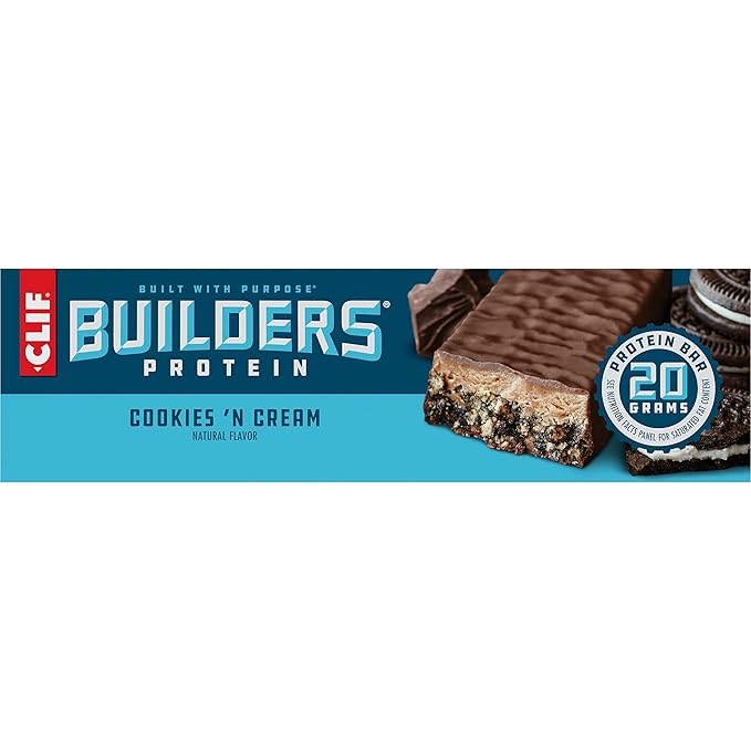 CLIF BUILDERS Protein Bars - Cookies 'n Cream Flavor - 20g Plant Based Protein - Gluten Free - Non-GMO - Low Glycemic - No Artificial Sweeteners - 2.4 oz. (12 Pack)