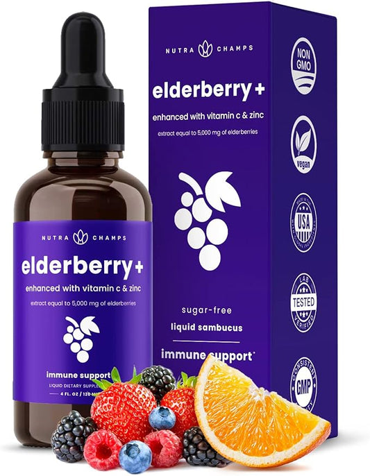 NutraChamps Organic Elderberry Syrup - 5000mg Elderberry Extract with Vitamin C & Zinc - Black Elderberry Liquid Drops - Sugar-Free Immunity Booster, Vegan, Gluten-Free Elderberry Supplement