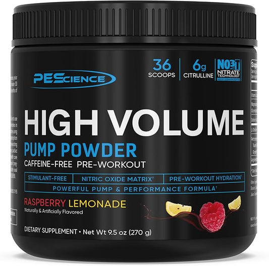 PEScience High Volume Stim-Free Pre Workout, Nitric Oxide Booster with L Citrulline & L Arginine Nitrate, Non-Stim Preworkout for Men and Women, 36 Scoops, Raspberry Lemonade