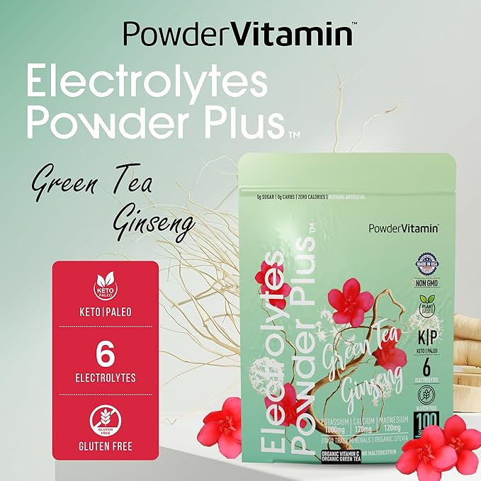 Electrolytes Powder Plus (100 Servings) Green Tea Ginseng Electrolyte Powder Keto, Sugar Free, Pink Himalayan Salt,1000mg Potassium,120mg Calcium,120mg Magnesium, Hydration Powder
