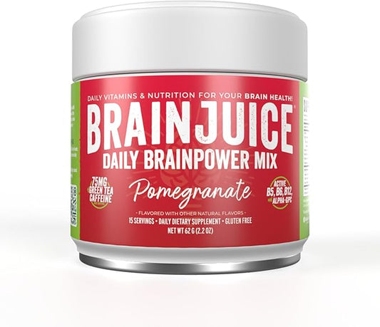 BrainJuice Nootropics Brain Support Supplement, Gluten Free Powder for Energy and Focus, Drink Mix with L Theanine, Alpha GPC, Vitamin B, Organic Green Tea Extract Caffeine, Pomegranate, 15 Servings