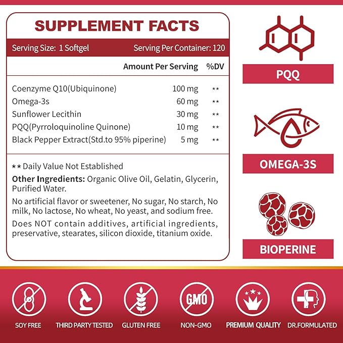 CoQ10-100mg-Softgels with PQQ, BioPerine & Omega-3, High Absorption Coenzyme Q10 Supplement, Powerful-Antioxidant, Support Heart & Energy-Production 120 Servings, Non-GMO