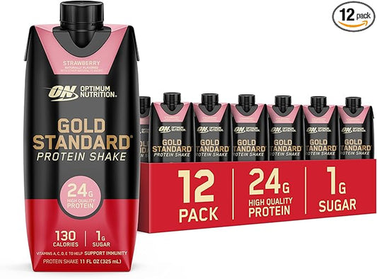 Optimum Nutrition Gold Standard Protein Shake, 24g Protein, Ready to Drink Protein Drinks, Strawberry, 11 Fl Oz, 12 Count (Pack of 1) (Packaging May Vary)