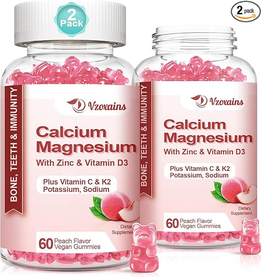 High Absorption Calcium Gummies, Sugar Free Calcium Magnesium Zinc Gummies with Vitamin D3 for Men and Women, Peach Flavored 120 Cts