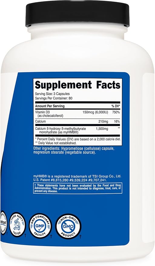 Nutricost HMB (1500mg) and Vitamin D3 (6000 IU) Supplement - 240 Capsules, 80 Servings - Gluten Free and Non-GMO