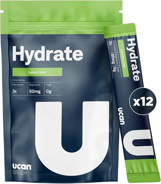 UCAN Hydrate Electrolyte Drink Mix (Lemon-Lime, 12 Stickpacks) Sugar-Free, Keto-Friendly, Vegan, Non-GMO, Gluten-Free Electrolyte Powder with Potassium & Magnesium for Runners & Athletes