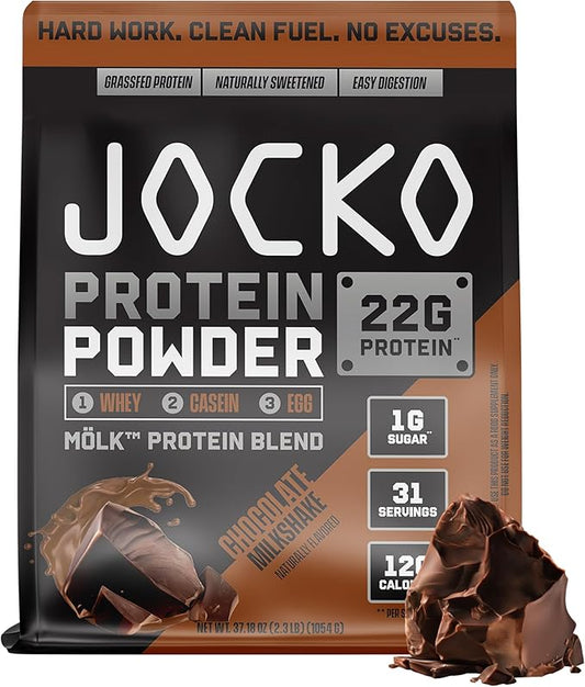 Jocko Fuel Mölk Whey Protein Powder 22g Protein - Low Sugar Monk Fruit Blend - Muscle Recovery & Growth, Packaging May Vary (31 Servings, Chocolate Milkshake)