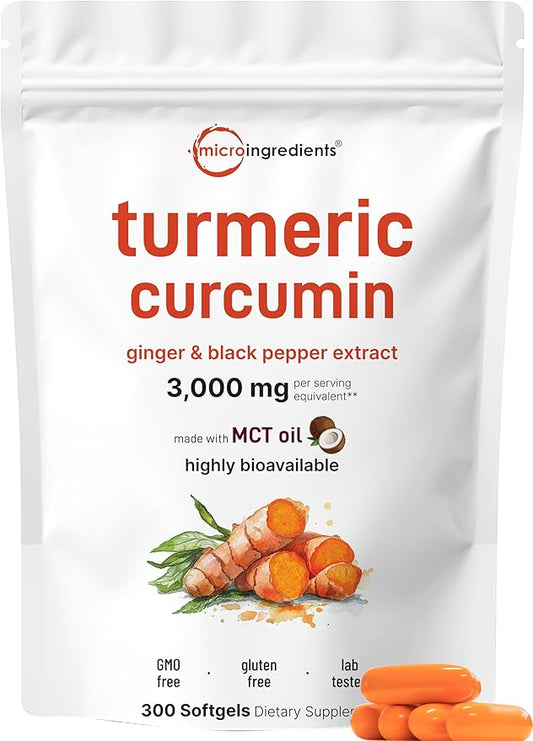 Turmeric Curcumin Supplement 3,000mg | 95% Curcuminoids | 300 Coconut MCT Oil Softgels with Turmeric, Ginger & Black Pepper Extracts | High Absorption | Healthy Joint Support for Men & Women | Non-GMO