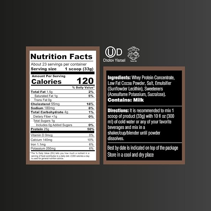 Dark Chocolate Whey Protein Powder. Post Workout Recovery Drink, Gluten & Sugar Free, Highly Kosher, 25g Protein. Essential Amino Acids - 5.5g BCAA, 2.7g Leucine, 1.4g Isoleucine, 1.4g Valine 1.65lb