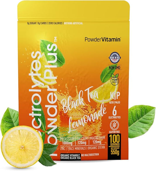 Electrolytes Powder Plus (100 Servings) Black Tea Lemonade Electrolyte Powder Zero Calorie Keto,0 Sugar, No Maltodextrin,1000mg Potassium,120mg Calcium,120mg Magnesium, Hydration Powder