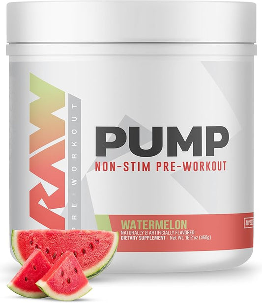 RAW Pump Stim Free Pre Workout | Non-Stimulant Pre Workout Supplement Powder Nitric Oxide Booster | Pre Workout Supplements Drink for During Workout | (40 Servings) (Watermelon)