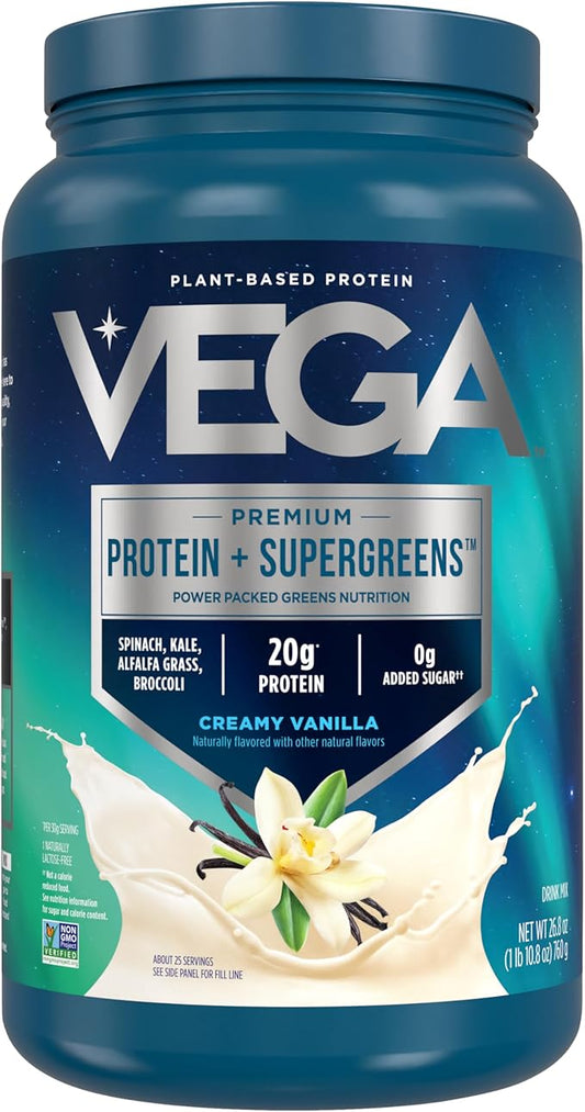 Vega Protein and Greens Protein Powder, Vanilla - 20g Plant Based Protein Plus Veggies, Vegan, Non GMO, Pea Protein for Women and Men, 1.7 lbs (Packaging May Vary)