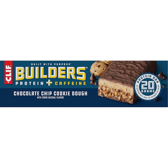 CLIF Builders + Caffeine - Chocolate Chip Cookie Dough Flavor - Plant Based Protein Bars - Gluten Free - Non-GMO - Low Glycemic - 20g Protein - 2.4 oz. (12 Count)