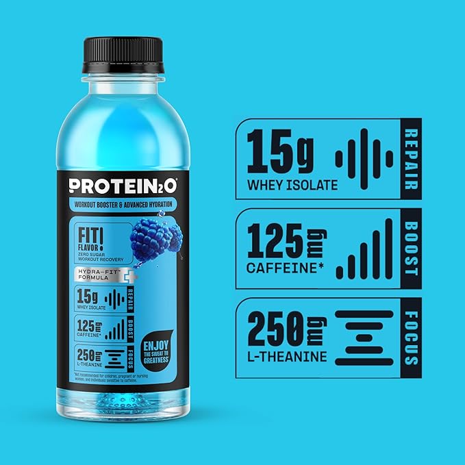 Protein2o 15g Whey Protein Isolate Hydration Drink Plus Energy & Focus, 350mg of Electrolytes, 125mg of Caffeine, Sugar Free, Blue Raspberry, 16.9 oz Bottle (Pack of 12)