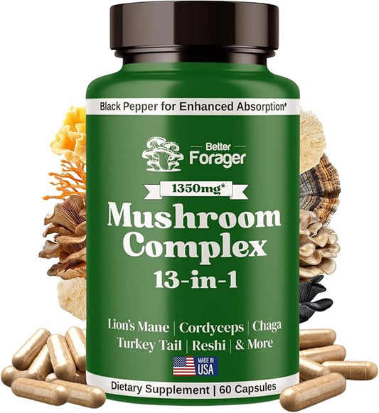 Mushroom Complex Capsules, 13-in-1 Mushroom Supplement, Lion's Mane, Reishi, Cordyceps, & More, Promotes Focus, Clarity, & Memory, Extract Supplement, 1 Month Supply, 60 Count