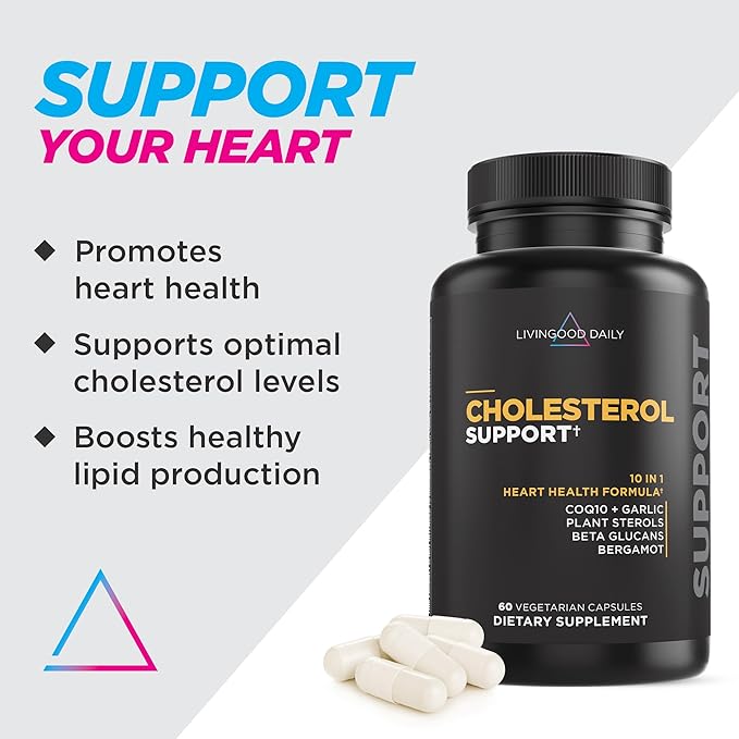 Livingood Daily Cholesterol Support Supplement with Garlic, CoQ10, Vitamin E, Bergamot, Plant Sterols for Body and Heart Health Support, Supports LDL and Triglycerides, Gluten Free, Vegan, 60 Capsules
