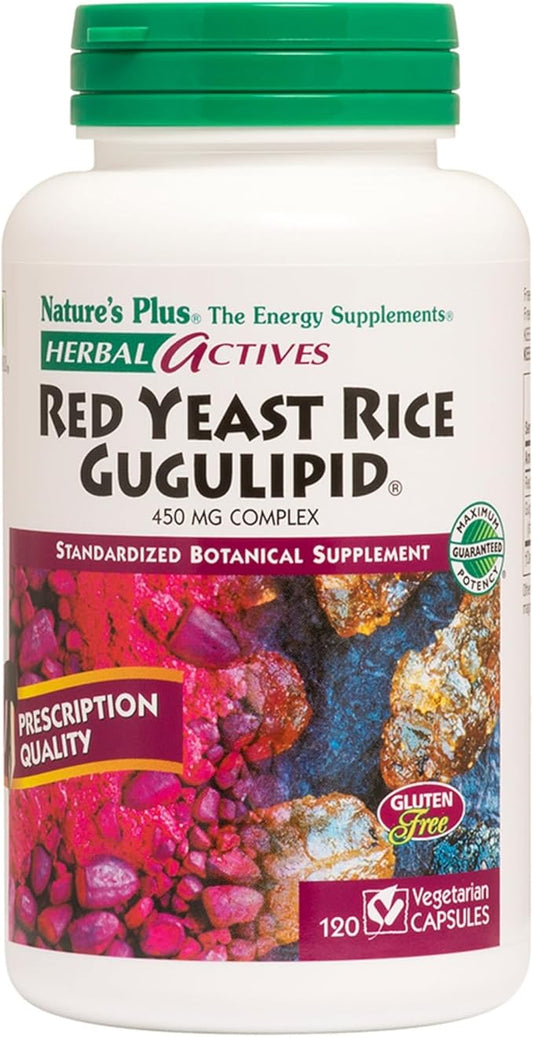 Natures Plus Herbal Actives Red Yeast Rice Gugulipid - 450 mg, 120 Vegan Capsules - Heart Health Supplement, Cholesterol Support - Vegetarian, Gluten-Free - 120 Servings