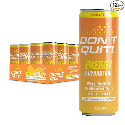 DON’T QUIT Clean Sports Energy Drink - 150 Milligrams of Natural Caffeine with Coconut Water and Electrolytes for Hydration and Cognizin® for Attention and Focus - (Mighty Orange Mango, 12 Pack)