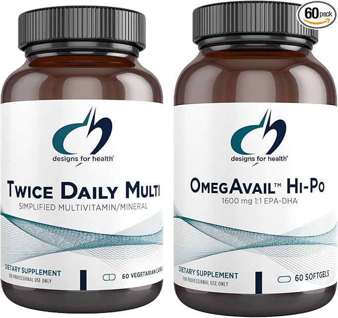 Designs for Health Fish Oil + Multivitamin Bundle - OmegAvail Hi-Po (60 Softgels) EPA DHA TG Omega-3 with Twice Daily Multi (60 Capsules) Premium Multivitamin/Mineral with Active B Vitamins