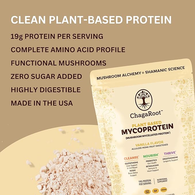 Mycoprotein Mushroom Protein Powder - Vegan Protein, Plant Based, Superfood, Master Blend of Chaga, Reishi, Turkey Tail, Shiitake, Lions Mane - Vanilla (1.76 lb)