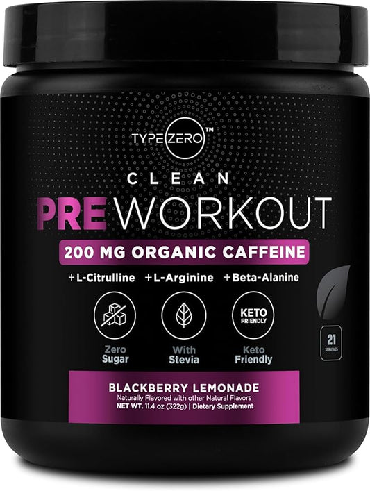 Type Zero Clean Pre Workout (11.3 oz | BlackBerry Lemonade) + Beet Root + L-Arginine + L-Citrulline - 2G Arginine, L-Citrulline Malate, Sugar Free, Organic Caffeine Preworkout
